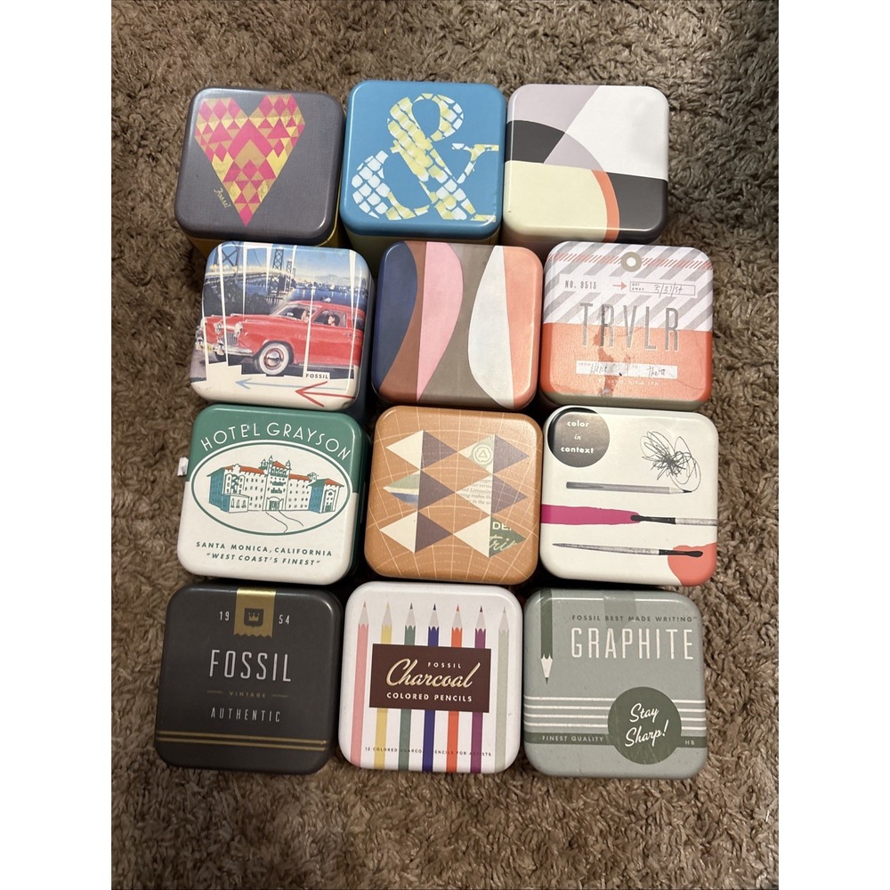 LOT OF 12 GENUINE FOSSIL WATCH TINS COLLECTIBLE METAL BOXES ASSORTED BOXES ONLY